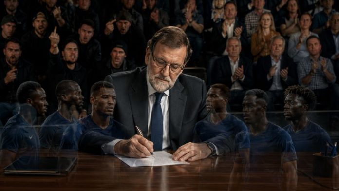 Rajoy 1 Mariano Rajoy escribe una columna ante un escritorio, rodeado por imágenes semitransparentes de futbolistas franceses y una grada dividida entre aplausos y rechazo.