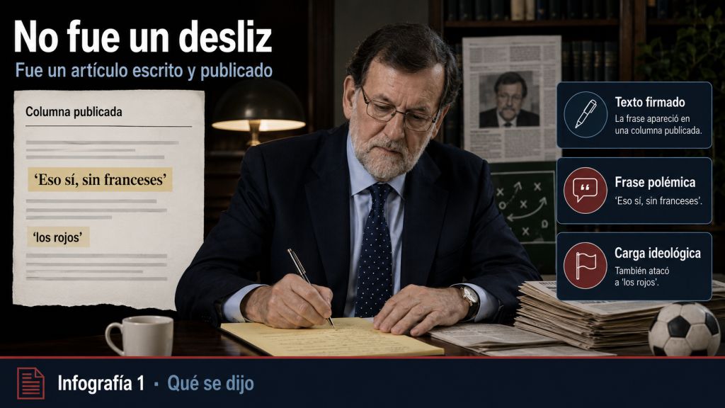 Mariano Rajoy escribe un artículo junto a una columna que destaca las frases «Eso sí, sin franceses» y «los rojos», con tres recuadros que resumen su carácter escrito, polémico e ideológico.