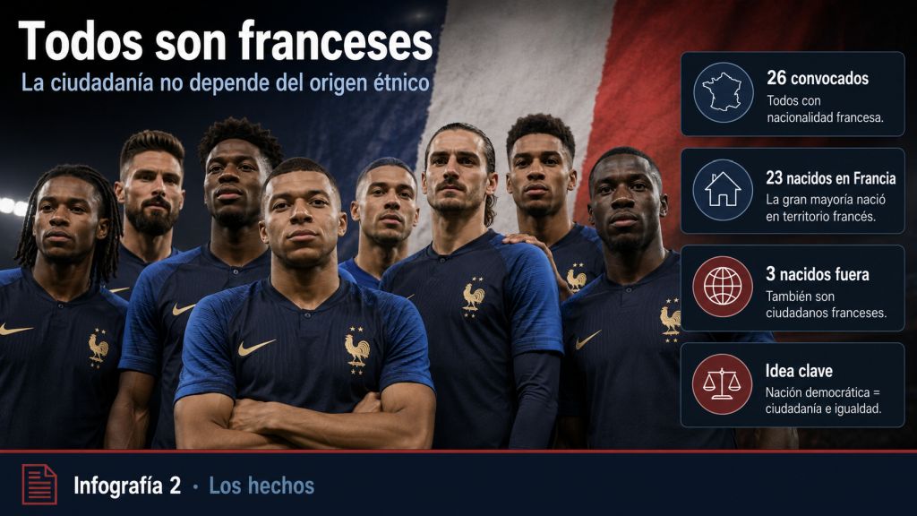 Jugadores de la selección francesa de distintos orígenes posan ante la bandera de Francia, acompañados de datos sobre su nacionalidad y lugar de nacimiento.