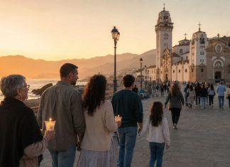 2 de febrero: firma para proteger la memoria de Candelaria Familias de varias generaciones caminan al atardecer hacia la Basílica de Candelaria, junto al mar, algunas con velas encendidas.