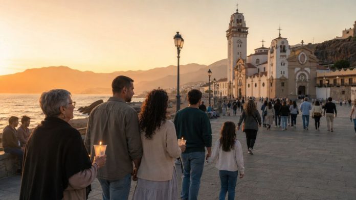 Virgen 1 Familias de varias generaciones caminan al atardecer hacia la Basílica de Candelaria, junto al mar, algunas con velas encendidas.