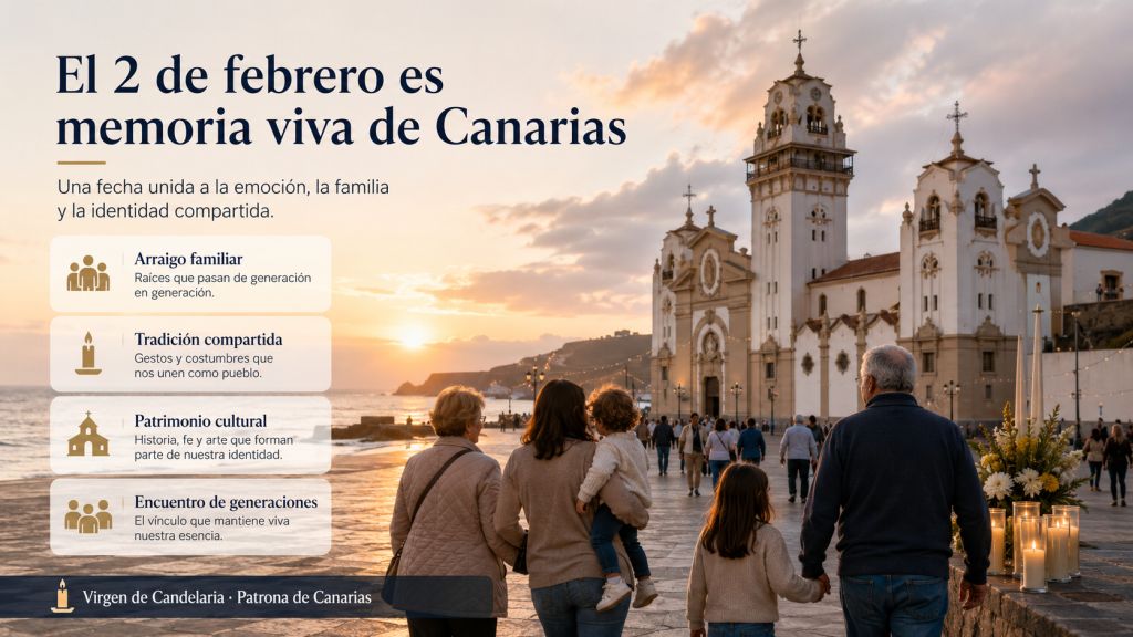 Familia canaria frente a la Basílica de Candelaria en una infografía sobre el arraigo familiar, la tradición compartida y la memoria del 2 de febrero.