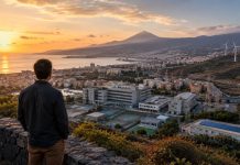 Por qué soy de izquierdas: democracia, justicia y futuro Hombre contempla al atardecer una ciudad costera de Tenerife con hospital, barrios, red eléctrica, puerto y aerogeneradores en el horizonte y dice "soy de izquierdas"