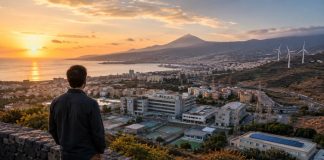 Por qué soy de izquierdas: democracia, justicia y futuro Hombre contempla al atardecer una ciudad costera de Tenerife con hospital, barrios, red eléctrica, puerto y aerogeneradores en el horizonte y dice "soy de izquierdas"