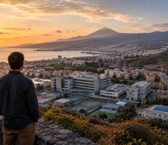 Por qué soy de izquierdas: democracia, justicia y futuro Hombre contempla al atardecer una ciudad costera de Tenerife con hospital, barrios, red eléctrica, puerto y aerogeneradores en el horizonte y dice "soy de izquierdas"