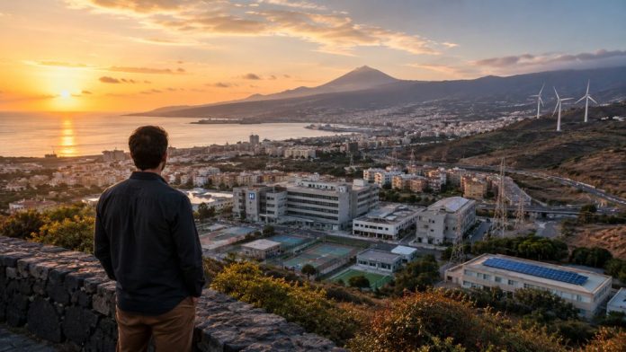Hombre contempla al atardecer una ciudad costera de Tenerife con hospital, barrios, red eléctrica, puerto y aerogeneradores en el horizonte y dice "soy de izquierdas"