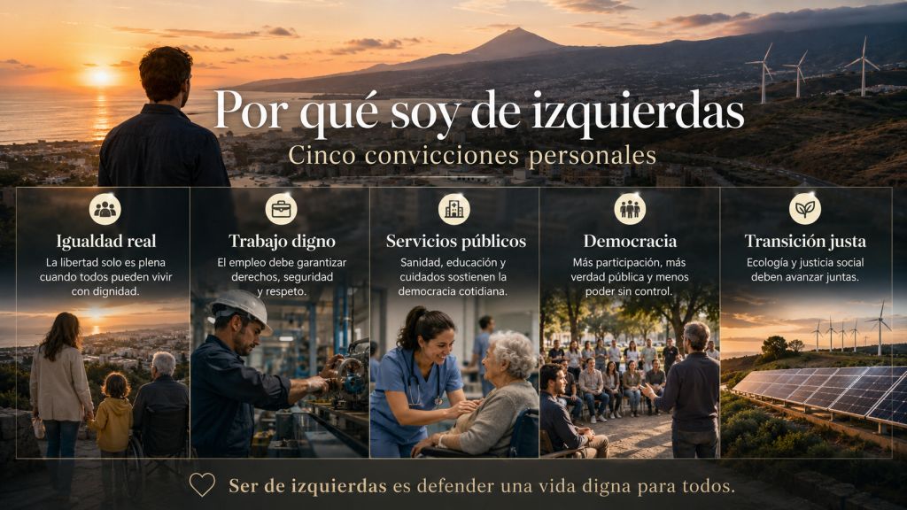 Infografía sobre las razones del porque soy de izquierdas: igualdad real, trabajo digno, servicios públicos, democracia y transición ecológica justa.