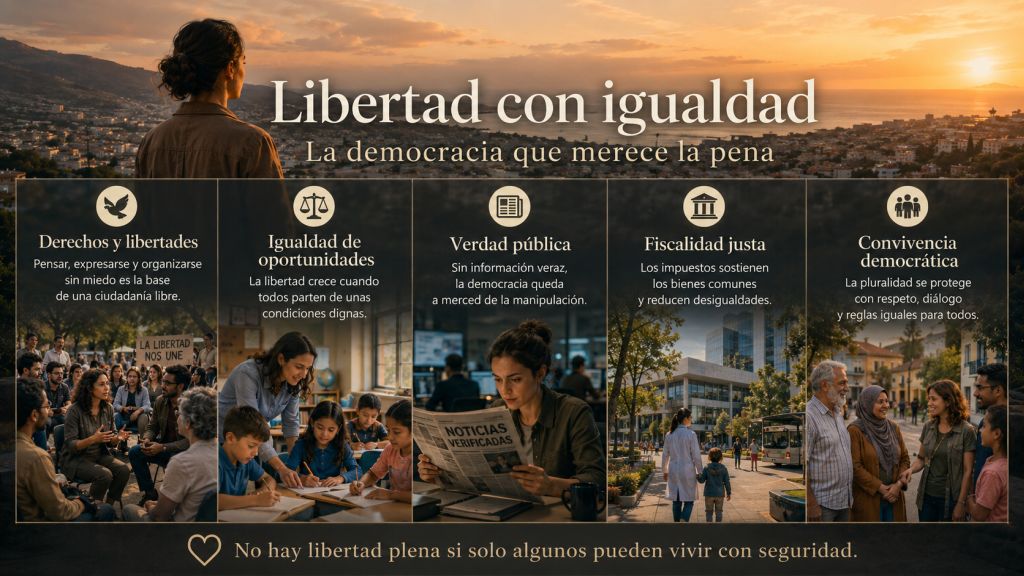 Infografía que relaciona derechos y libertades, igualdad de oportunidades, verdad pública, fiscalidad justa y convivencia democrática, que justifica porque soy de izquierdas.
