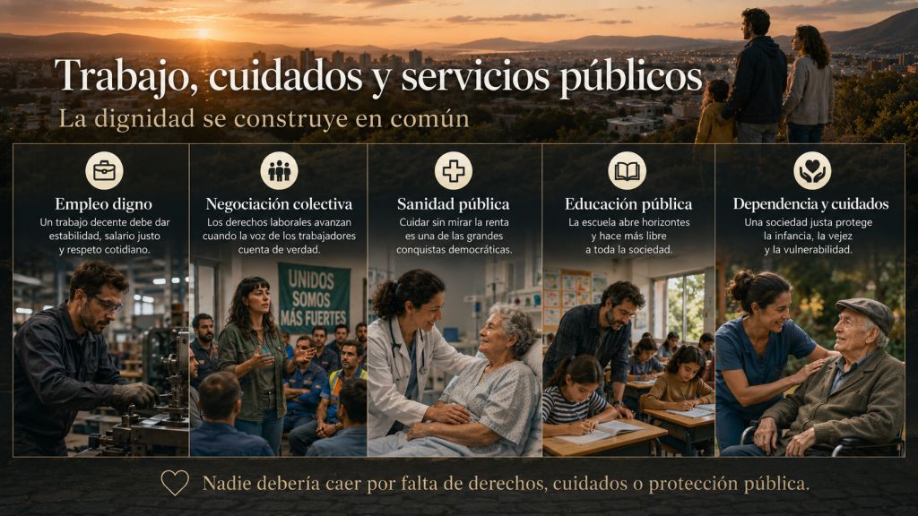 Infografía sobre empleo digno, negociación colectiva, sanidad pública, educación pública y cuidados para una vida con dignidad.