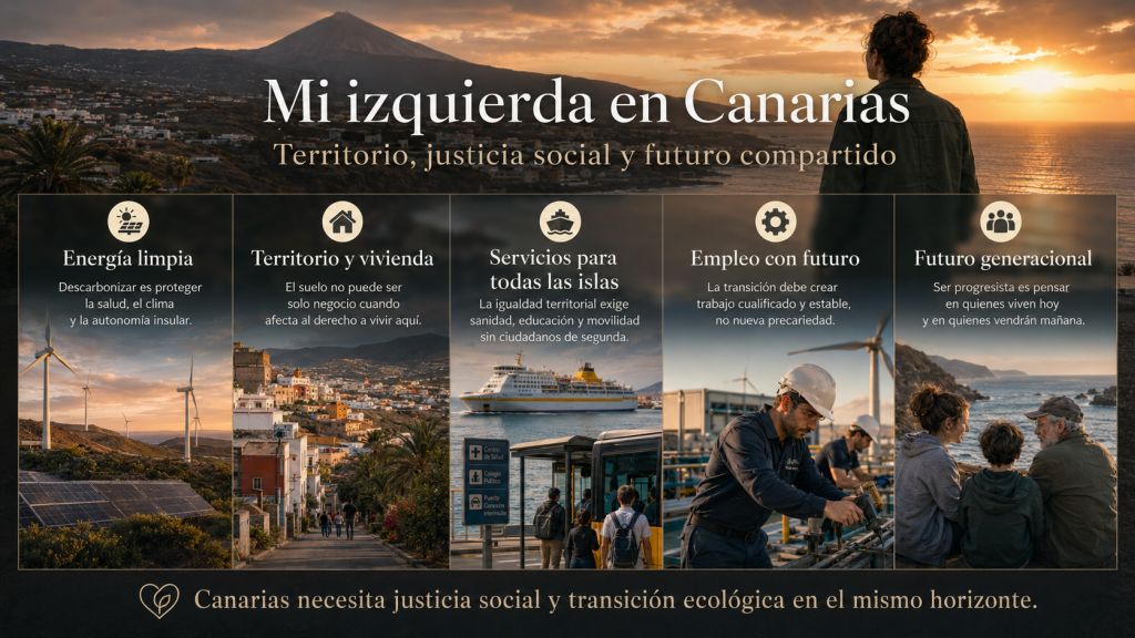 Infografía sobre energía limpia, vivienda, servicios entre islas, empleo de futuro y justicia intergeneracional en Canarias.