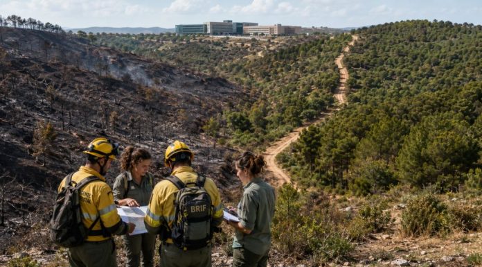 Pacto climático: democracia ante la emergencia Bomberos forestales y técnicos coordinan la recuperación de un monte afectado por un incendio, con una zona quemada y otra arbolada como símbolo de prevención y pacto climático.