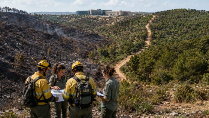 Acuerdo 1 Bomberos forestales y técnicos coordinan la recuperación de un monte afectado por un incendio, con una zona quemada y otra arbolada como símbolo de prevención y pacto climático.