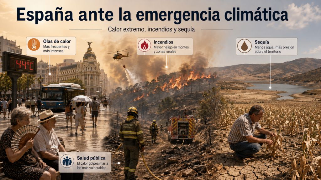 España ante la emergencia climática: Escena fotorrealista que reúne ola de calor, incendio forestal, sequía y efectos sobre la salud para representar los principales impactos de la emergencia climática en España.