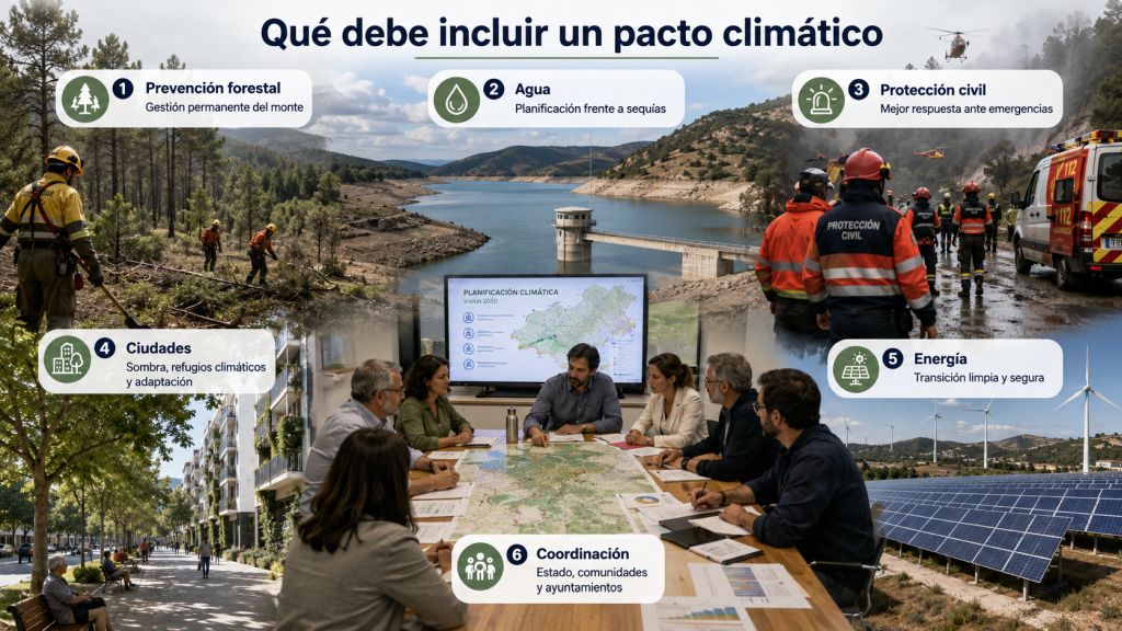 Qué debe incluir un pacto climático: Infografía fotorrealista con prevención forestal, gestión del agua, protección civil, adaptación urbana, energías renovables y coordinación entre administraciones.