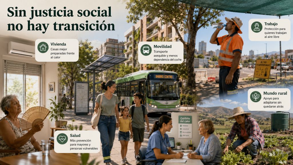 Sin justicia social no hay transición: Infografía fotorrealista sobre adaptación climática justa, con vivienda preparada frente al calor, transporte público, protección laboral, atención sanitaria y apoyo al medio rural.