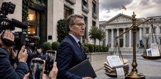 Opacidad de Feijóo: el piso de El Viso y la doble vara Alberto Núñez Feijóo ante un edificio residencial de alto nivel, rodeado de cámaras y documentos junto a una balanza desequilibrada que simboliza la doble vara ante la transparencia política.