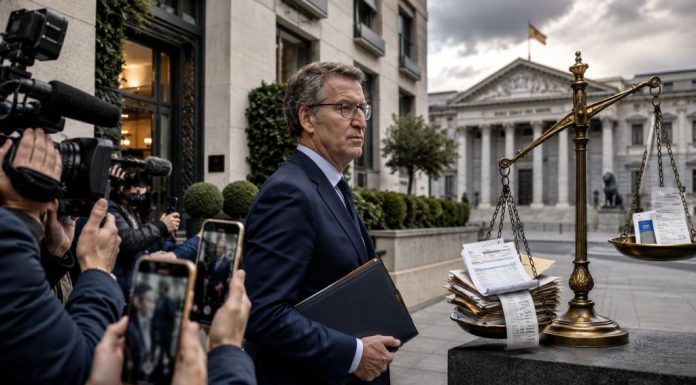 Opacidad de Feijóo: el piso de El Viso y la doble vara Alberto Núñez Feijóo ante un edificio residencial de alto nivel, rodeado de cámaras y documentos junto a una balanza desequilibrada que simboliza la doble vara ante la transparencia política.