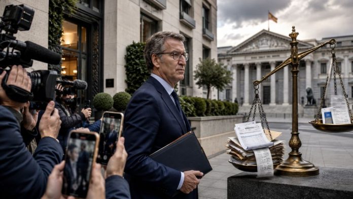 Alberto Núñez Feijóo ante un edificio residencial de alto nivel, rodeado de cámaras y documentos junto a una balanza desequilibrada que simboliza la doble vara ante la transparencia política.