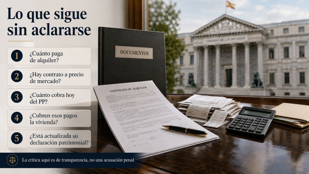 Contrato de alquiler, recibos, calculadora y documentos ante el Congreso de los Diputados para representar las preguntas pendientes sobre la vivienda y los ingresos de Feijóo.