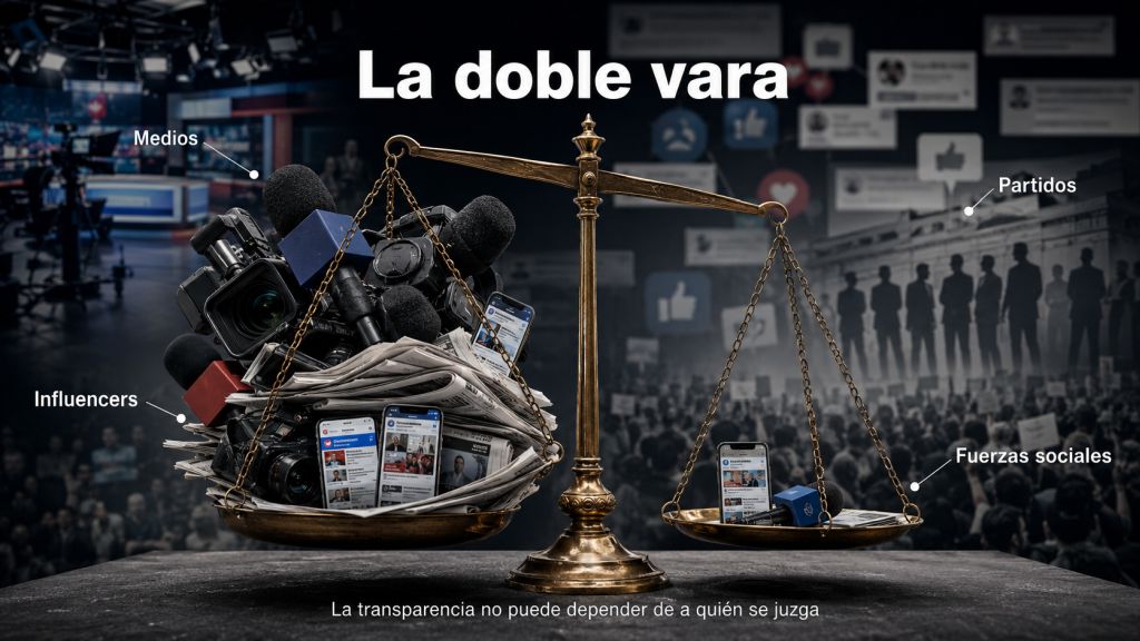 Balanza desequilibrada cargada con cámaras, periódicos, teléfonos móviles y micrófonos que representa el diferente escrutinio de medios, influencers, partidos y fuerzas sociales según el político afectado.