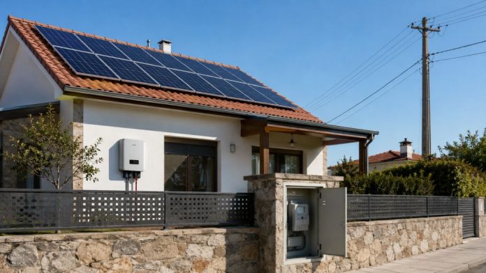 Vivienda con paneles fotovoltaicos, inversor y conexión a la red eléctrica como ejemplo de una instalación doméstica de autoconsumo solar.