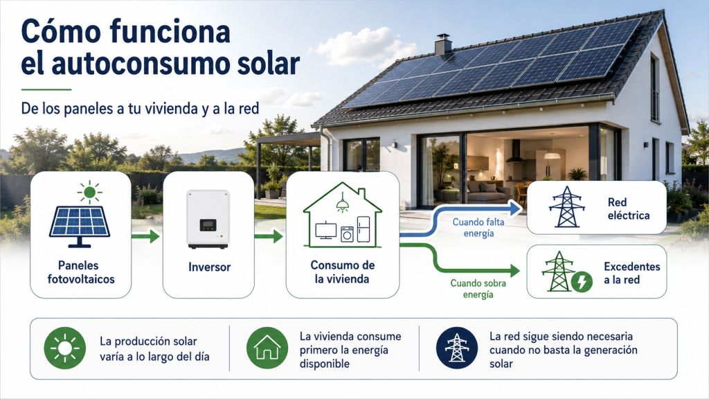 Cómo funciona el autoconsumo solar: Infografía que muestra el recorrido de la energía desde los paneles fotovoltaicos y el inversor hasta la vivienda, la red eléctrica y los excedentes.