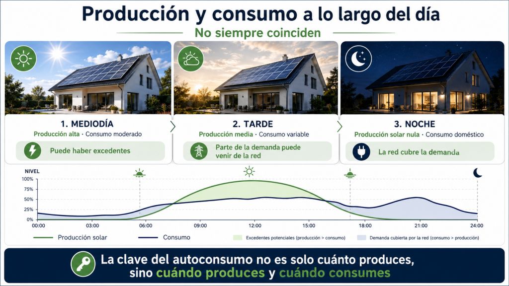 Producción y consumo a lo largo del día: Infografía que compara la producción solar y el consumo eléctrico durante el mediodía, la tarde y la noche, mostrando excedentes y apoyo de la red.
