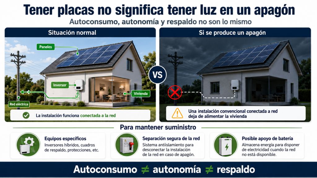 Placas solares y apagones: Infografía que explica por qué una instalación fotovoltaica convencional conectada a red deja de alimentar la vivienda durante un apagón y diferencia autoconsumo, autonomía y respaldo.