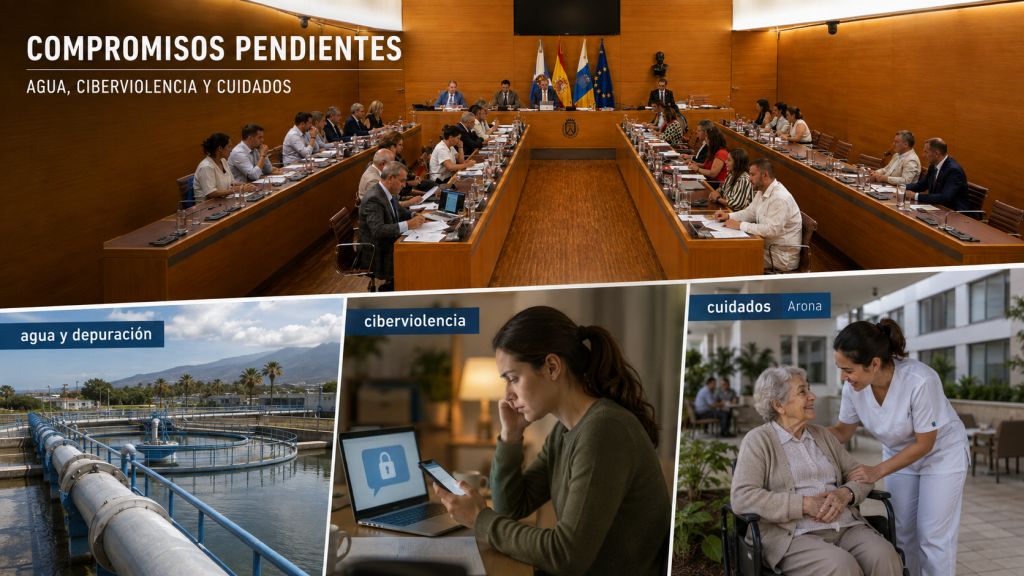 Pleno del Cabildo de Tenerife con una planta de depuración, una mujer afectada por ciberviolencia y una persona mayor atendida en un centro sociosanitario.