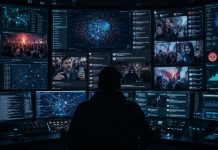 Ingeniería del caos político: la España que anticipó Da Empoli Sala de control digital con múltiples pantallas que analizan redes sociales, datos y reacciones ciudadanas, como símbolo de la ingeniería del caos político.