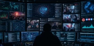 Ingeniería del caos político: la España que anticipó Da Empoli Sala de control digital con múltiples pantallas que analizan redes sociales, datos y reacciones ciudadanas, como símbolo de la ingeniería del caos político.