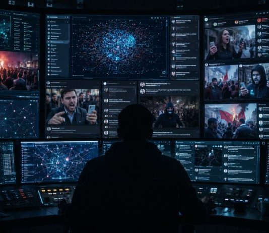 Ingeniería del caos político: la España que anticipó Da Empoli Sala de control digital con múltiples pantallas que analizan redes sociales, datos y reacciones ciudadanas, como símbolo de la ingeniería del caos político.