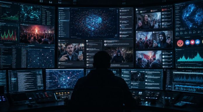 Ingeniería del caos político: la España que anticipó Da Empoli Sala de control digital con múltiples pantallas que analizan redes sociales, datos y reacciones ciudadanas, como símbolo de la ingeniería del caos político.