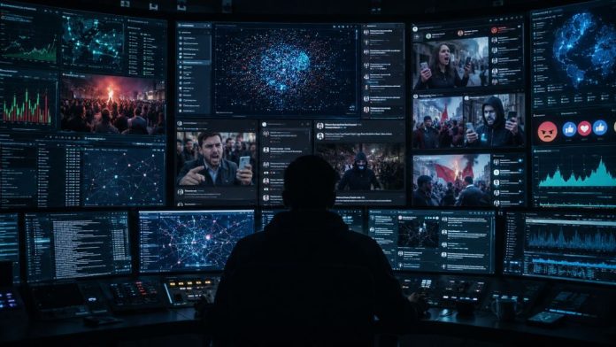 Sala de control digital con múltiples pantallas que analizan redes sociales, datos y reacciones ciudadanas, como símbolo de la ingeniería del caos político.