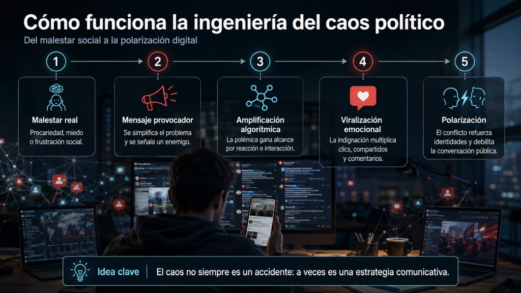 Infografía que muestra el proceso desde el malestar social hasta la polarización mediante mensajes provocadores, algoritmos y viralización emocional.