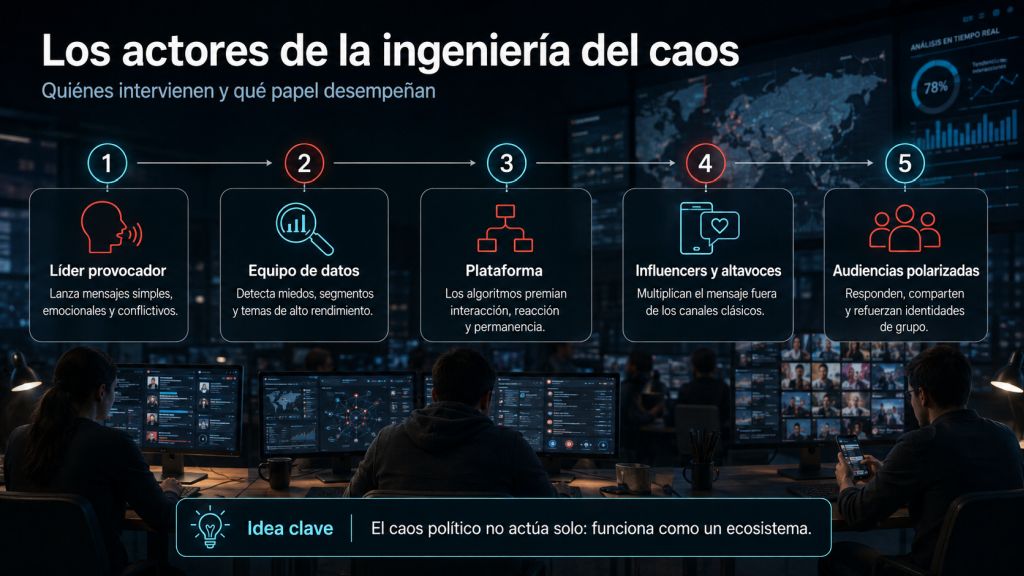 Los actores de la ingeniería del caos
Esquema visual de los principales actores del caos político digital: líderes provocadores, equipos de datos, plataformas, influencers y audiencias polarizadas.