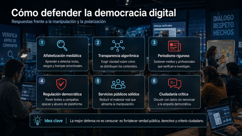 Infografía sobre alfabetización mediática, transparencia algorítmica, periodismo riguroso, regulación democrática, servicios públicos y ciudadanía crítica frente a la manipulación digital.