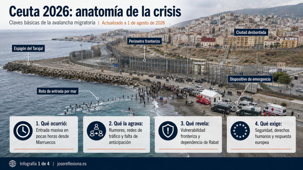 Vista aérea de la frontera del Tarajal en Ceuta con la ruta de entrada por mar, el perímetro fronterizo y el dispositivo de emergencia.