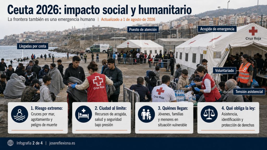 Personal de Cruz Roja atiende a jóvenes, familias y menores en un dispositivo provisional de acogida instalado junto a la costa de Ceuta.