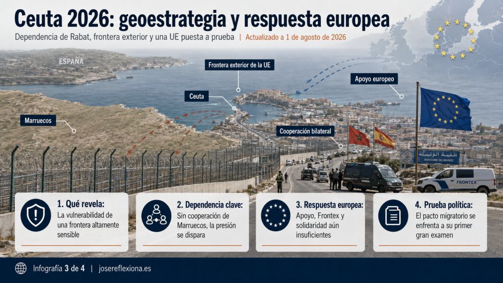 Frontera entre Marruecos y Ceuta con las banderas de España, Marruecos y la Unión Europea, y presencia de la Guardia Civil y Frontex.