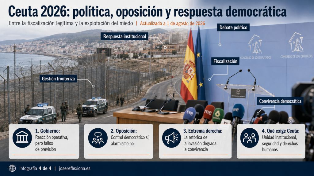 Composición de la frontera de Ceuta y una sala de prensa del Congreso para representar la respuesta institucional y el debate político sobre la crisis.