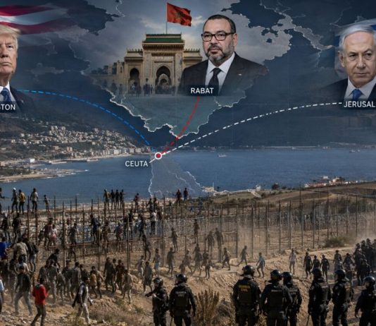 Crisis de Ceuta: Marruecos, EE. UU. e Israel Frontera de Ceuta con personas migrantes y fuerzas de seguridad, sobre un mapa que conecta la crisis con Marruecos, Estados Unidos e Israel.