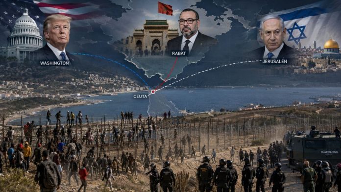 Frontera de Ceuta con personas migrantes y fuerzas de seguridad, sobre un mapa que conecta la crisis con Marruecos, Estados Unidos e Israel.