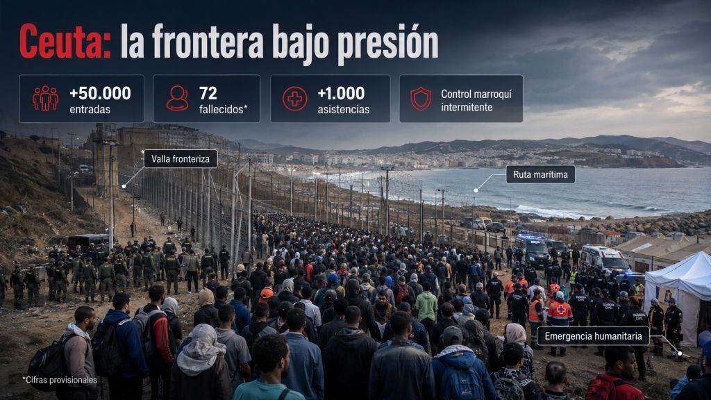 Multitud concentrada junto a la valla de Ceuta, con fuerzas de seguridad y servicios de emergencia, acompañada de cifras provisionales de entradas, fallecidos y asistencias.