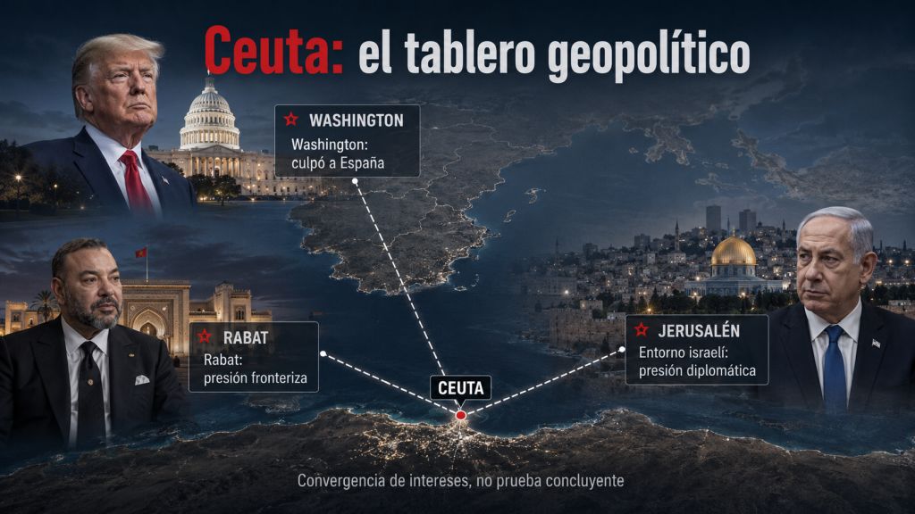 Mapa geopolítico que sitúa a Ceuta entre la presión fronteriza de Marruecos, la posición política de Washington y los intereses diplomáticos del entorno israelí.
