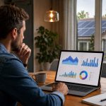 Consumo eléctrico vivienda: qué mirar antes de poner placas Persona analizando en casa gráficos y curvas de consumo eléctrico antes de dimensionar una instalación fotovoltaica.