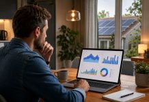 Consumo eléctrico vivienda: qué mirar antes de poner placas Persona analizando en casa gráficos y curvas de consumo eléctrico antes de dimensionar una instalación fotovoltaica.