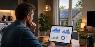 Consumo eléctrico vivienda: qué mirar antes de poner placas Persona analizando en casa gráficos y curvas de consumo eléctrico antes de dimensionar una instalación fotovoltaica.