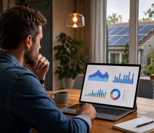 Consumo eléctrico vivienda: qué mirar antes de poner placas Persona analizando en casa gráficos y curvas de consumo eléctrico antes de dimensionar una instalación fotovoltaica.