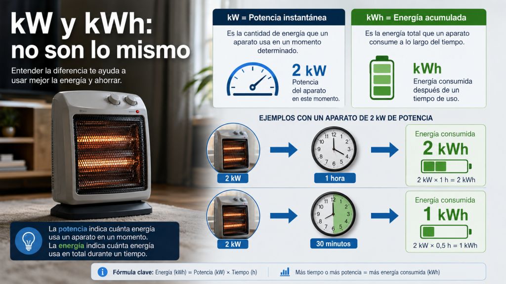 kW y kWh: Infografía que explica la diferencia entre kW y kWh mediante ejemplos de potencia instantánea y energía consumida a lo largo del tiempo.